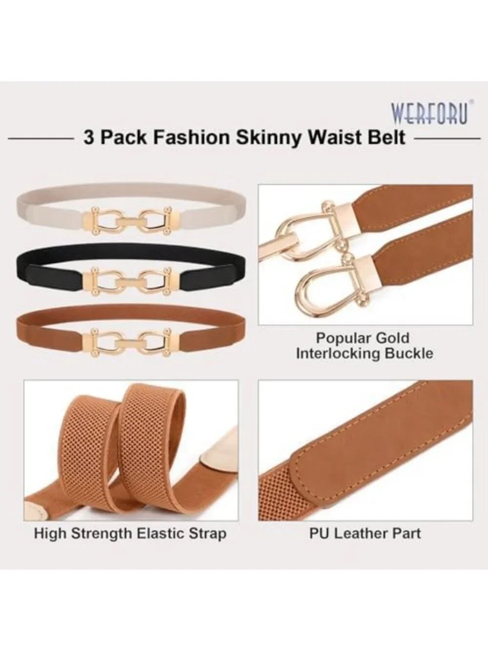 3 Pack Women's Skinny Elastic Waist Belts with Gold Buckle - Stretchy Thin Belts